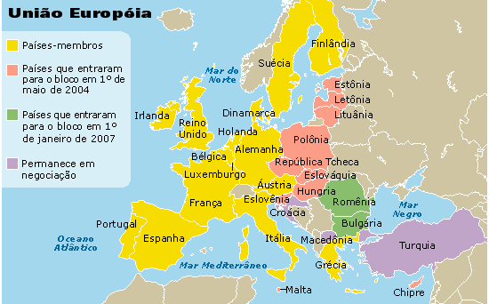 Mapa da Unio Europia, com novos membros de 2004 e 2007