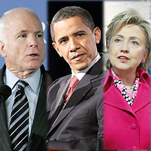 Pr-candidatos  Casa Branca, John McCain ( esq.), Barack Obama e Hillary Clinton