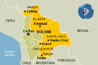 Mapa da Bolvia; departamentos (Estados) coloridos de amarelo so governados pela oposio ao presidente Evo Morales