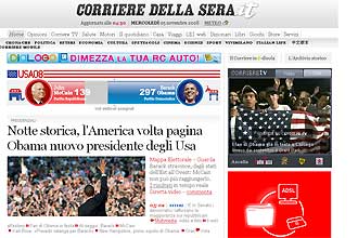 Página do jornal italiano "Corriere della Sera" ao anunciar a vitória histórica do democrata Barack Obama nos Estados Unidos