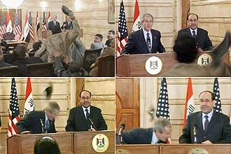 Imagens tiradas de vdeo mostram momento no qual jornalista iraquiano atacou sapato contra o presidente George W. Bush