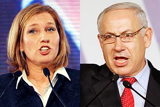 Tzipi Livni (esq.), do Kadima, e Binyamin Netanyahu (dir.), do Likud disputam a coalizo de governo e o cargo de premi