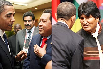 O presidente americano estende a mão a dois de seus críticos, Hugo Chávez, da Venezuela (esq), e Evo Morales, da Bolívia