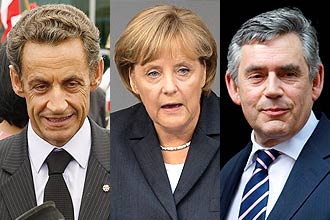 Presidente francs, Nicolas Sarkozy, chanceler alem, Angela Merkel, e premi britnico, Gordon Brown, pressionam ONU