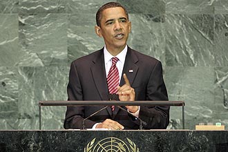 Barack Obama no seu primeiro discurso na Assembleia Geral da ONU; ele agora tenta impedir o reconhecimento da Palestina 