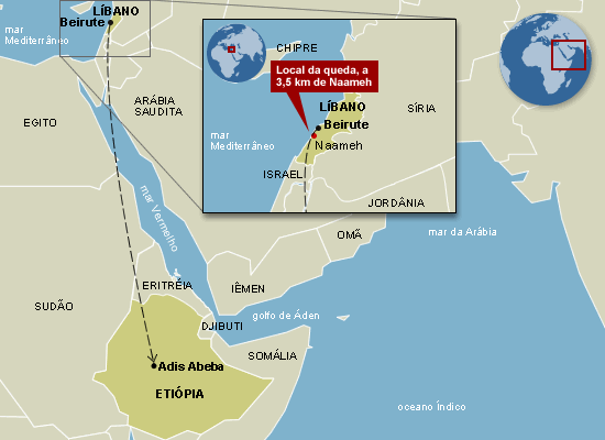 mapa detalhado sobre a queda do Boeing 737-800, da Ethiopian Airlines, em Naameh - Lbano