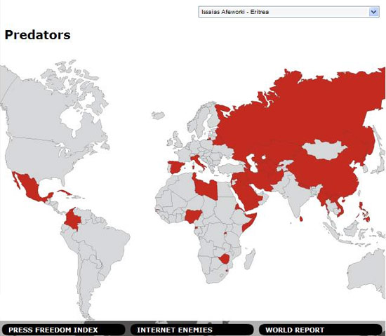 Site da Repórteres Sem Fronteiras mostra distribuição dos "predadores da liberdade de imprensa" no mundo