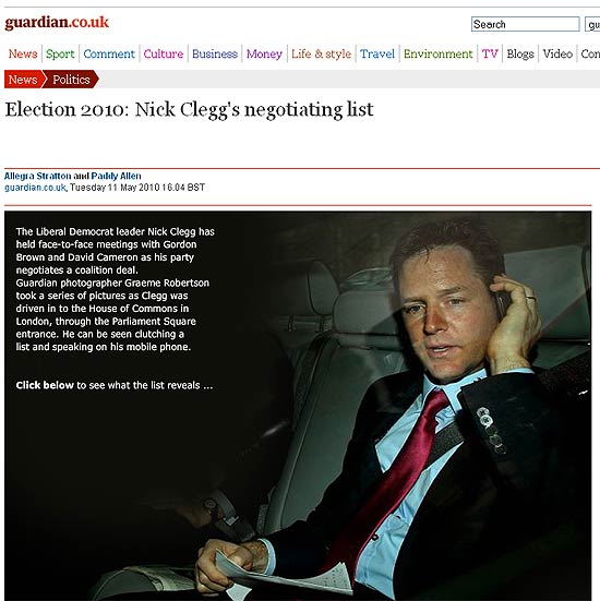 Jornal "Guardian" decifra suposta lista de negociao do lder dos liberais democratas Nick Clegg