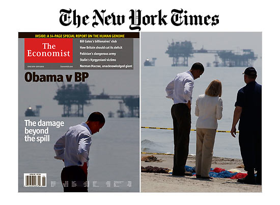Reprodução do site The New York Times - A foto original (dir) e a versão editada na capa da revista