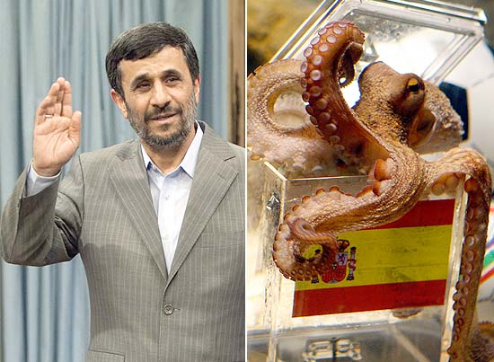 O presidente iraniano, Mahmoud Ahmadinejad, ataca o polvo Paul, que adivinhou resultados de jogos da Copa
