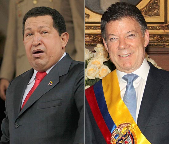 Lder da Venezuela, Hugo Chvez (esq), insiste em dilogo com respeito mtuo com o colombiano Santos