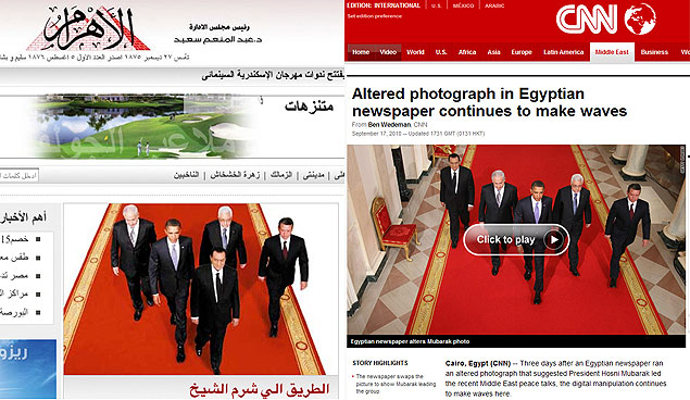 A foto manipulada ( esq.) mostra Hosni Mubarak na liderana, enquanto na imagem original Obama  quem aparece mais  frente 