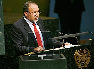 O chanceler israelense, Avigdor Lieberman, discursa na Assembleia Geral da ONU, em Nova York, em setembro