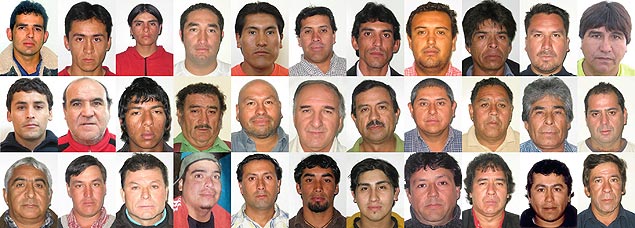 Colagem mostra os 33 mineiros presos a mais de 600 metros de profundidade na mina San Jose desde 5 de agosto
