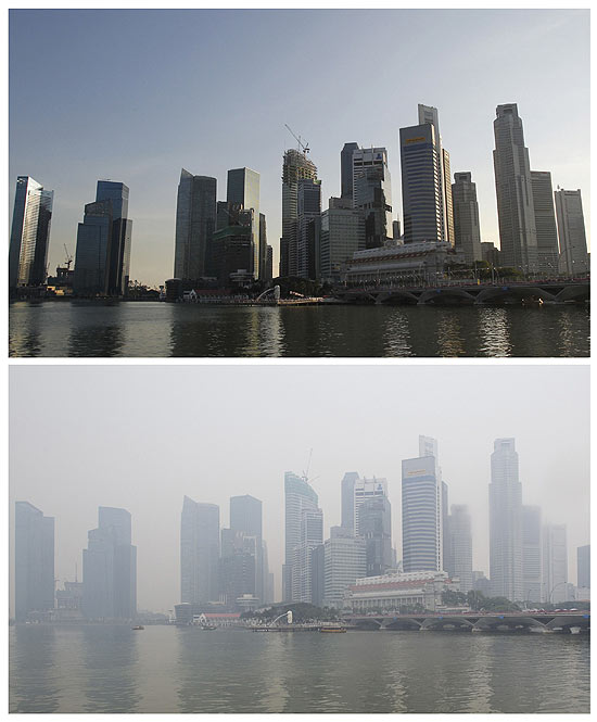 Fotos mostram o distrito financeiro de Cingapura há um mês (acima) e hoje, encoberta por fumaça da Indonésia