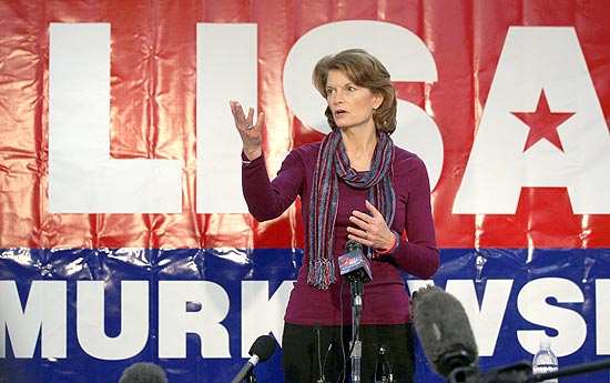 ANCHORAGE, AK - NOVEMBER 03: U.S. Sen. Lisa Murkowski (R-AK) speaksduring a post-election press conference November 3, 2010 in Anchorage,Alaska. Murkowski defended her seat as a write-in candidate and isleading in the vote count over Republican candidate Joe Miller andDemocrat Scott McAdams. The state election commision, however, willhave to review all the write-in ballots statewide before an officialwinner can be announced. John Moore/Getty Images/AFP== FOR NEWSPAPERS, INTERNET, TELCOS & TELEVISION USE ONLY ==