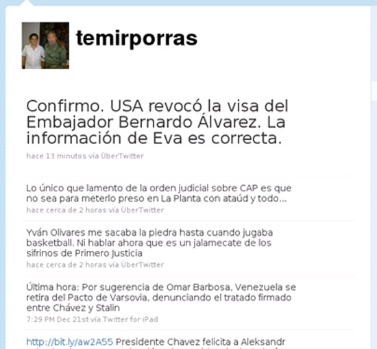 Mensagem foi escrito pelo vice-chanceler venezuelano, Temir Porras, em sua conta no microblog Twitter