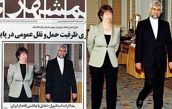 Reproduo da capa do jornal "Hamshahri", que manipulou a foto da chefe da diplomacia da Unio Europeia