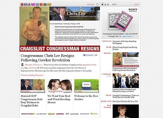 Pgina do site gawker.com mostra foto do deputado Chris Lee, sem camisa, em site de relacionamento