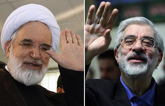 Os lderes da oposio Mir Hossein Mousavi (dir.) e Medi Karroubi convocaram as manifestaes em Teer