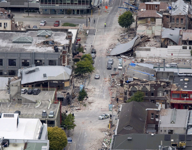 Vista area mostra extenso dos danos causados pelo tremor de magnitude 6,3 que atingiu centro de Christchurch