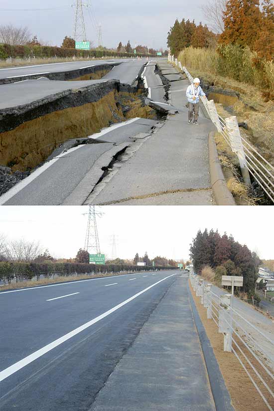 Imagens mostram a rpida recuperao da estrada na cidade de Naka, na regio de Ibaraki, atingida pelo tsunami