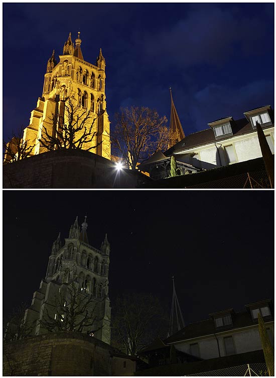 Montagem mostra o antes e depois na catedral de Lausanne, na Frana; 134 pases aderiram  Hora do Planeta