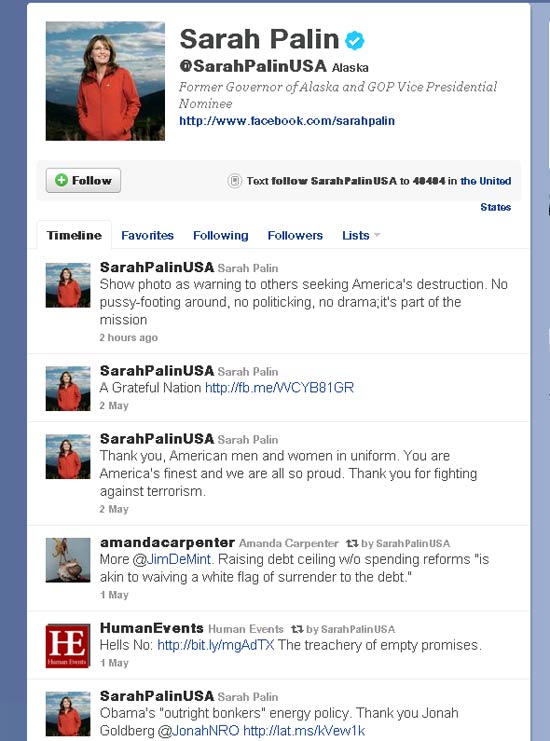 Reprodução da página de Sarah Palin no Twitter; ela acusa Obama de covardia por não publicar fotos de Bin Laden