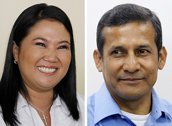 Candidatos presidenciais Keiko Fujimori e Ollanta Humala; ela aparece  frente, segundo pesquisa