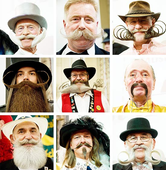 Imagem mostra alguns dos principais competidores no concurso mundial de barba e bigode, realizado na Noruega