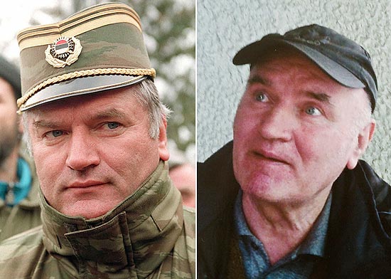 O ex-general srvio Ratko Mladic em 1994 ( esq.) e ao se apresentar em tribunal
