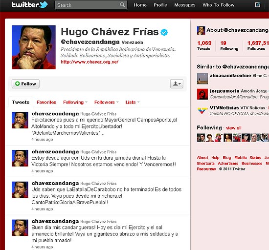 Reprodução do Twitter do presidente venezuelano, Hugo Chávez, em que ele lembra o Dia do Exército