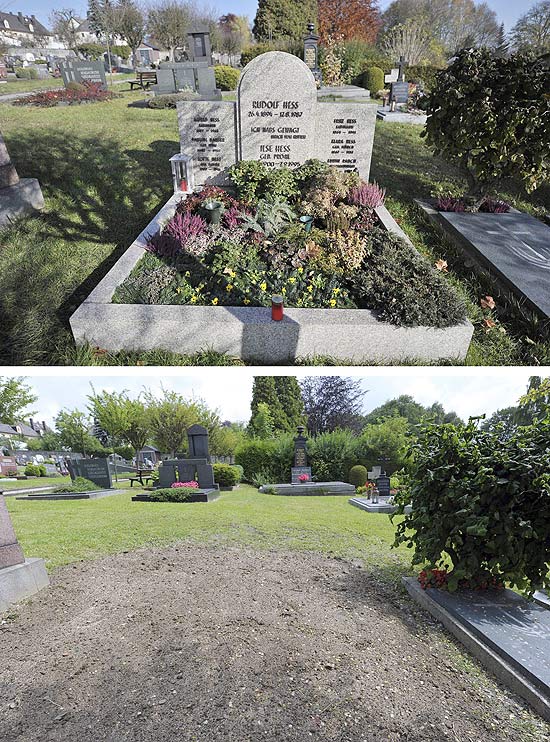 Parte de cima da foto mostra o túmulo no cemitério de Wunsiedel onde Rudolf Hess estava enterrado; a de baixo evidencia a remoção dos seus restos mortais