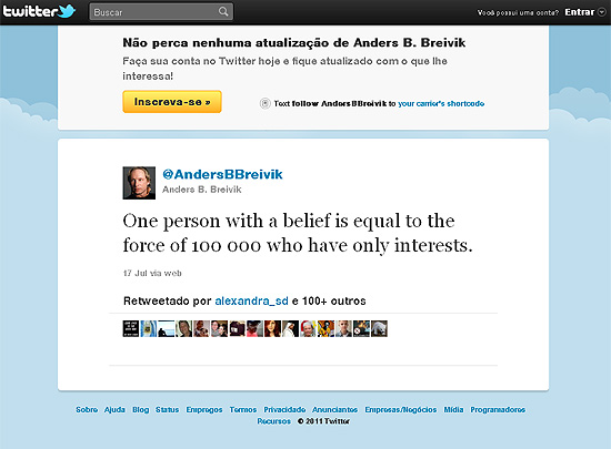Reprodução da página no Twitter de Anders Behring Breivik, apontado como o autor de ataque