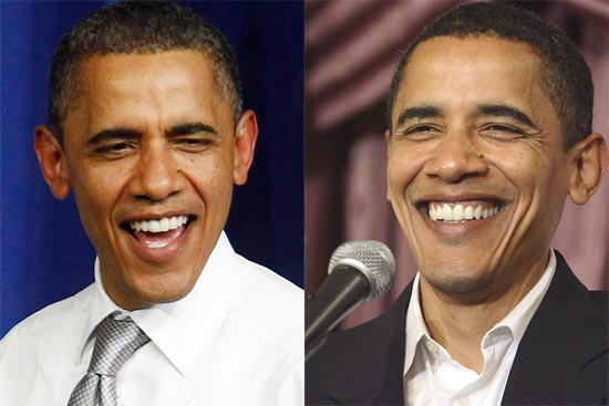 Presidente dos EUA, Barack Obama, em evento em Chicago ontem (esq.) e, durante discurso, em 2006 (dir.)