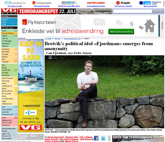 Reprodução do site do "VG" com foto do ídolo on-line, "Fjordman", do terrorista norueguês 