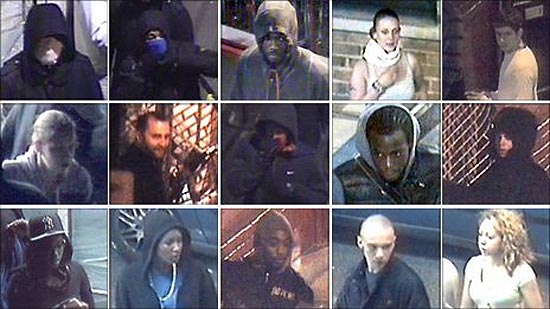 Montagem de fotos de suspeitos por saques durante distúrbios em Londres divulgadas pela Scotland Yard