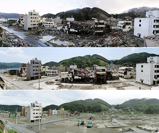 Imagens retratam rea de Onagawa, em Miyagi, em trs momentos: logo aps tsunami, em junho e em setembro