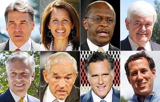 Imagem mostra republicanos Perry (esq.), Bachmann, Cain, Gingrich, Huntsman Jr., Paul, Romney e Santorum 