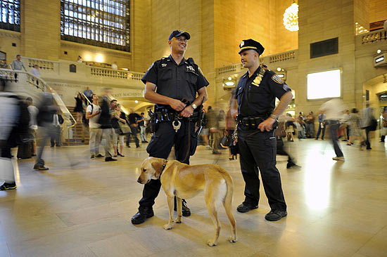 Na Grand Central Station, policiais e cães farejadores integraram o forte esquema de segurança pré-11/9