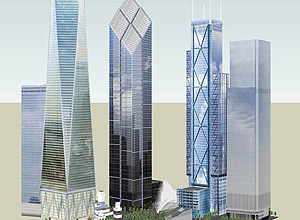Simulação mostra como deve ficar o complexo de prédios que integram o novo World Trade Center, em Nova York