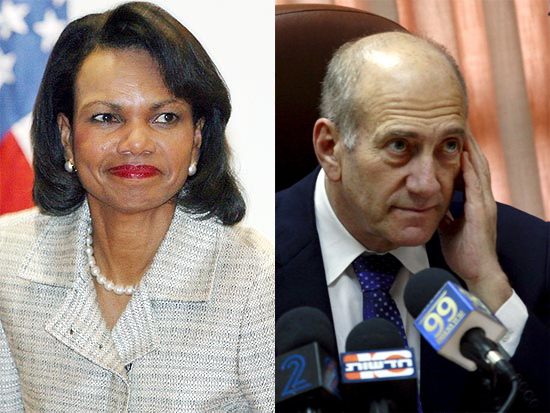 A ex-chefe da diplomacia americana Condoleezza Rice e o ex-primeiro-ministro israelense Ehud Olmert