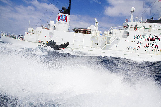 Pequena embarcao australiana navega ao lado de navio japons; 3 ativistas invadiram o baleeiro