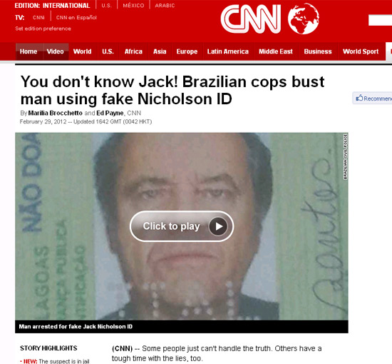 CNN repercute o caso do golpista preso com RG falso com foto do ator americano Jack Nicholson