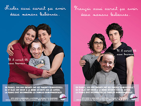 Cartaz com Nicolas Sarkozy e François Hollande representados como filhos de casais homossexuais