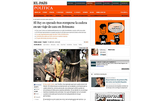 Site do "El Pais" mostra imagem do rei Juan Carlos em caada de elefantes
