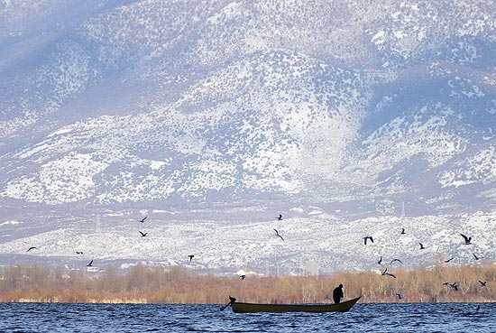 Pescador albans em barco no lago Shiroke, prximo  cidade de Shkoder, na Albnia