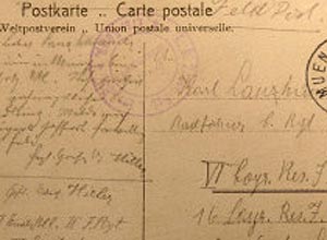 Cartão postal enviado por Adolf Hitler durante a Primeira Guerra Mundial enquanto ele se recuperava de um ferimento