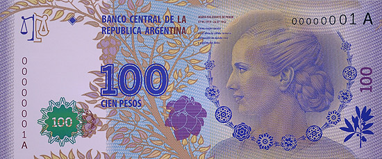 Reproduo da nova nota de 100 pesos argentinos com rosto de Evita; notas so vendidas a US$ 50 em NY