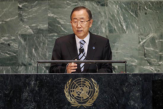 O secretrio-geral da ONU, Ban Ki-moon, fala na abertura da 67 Assembleia Geral da ONU, em Nova York